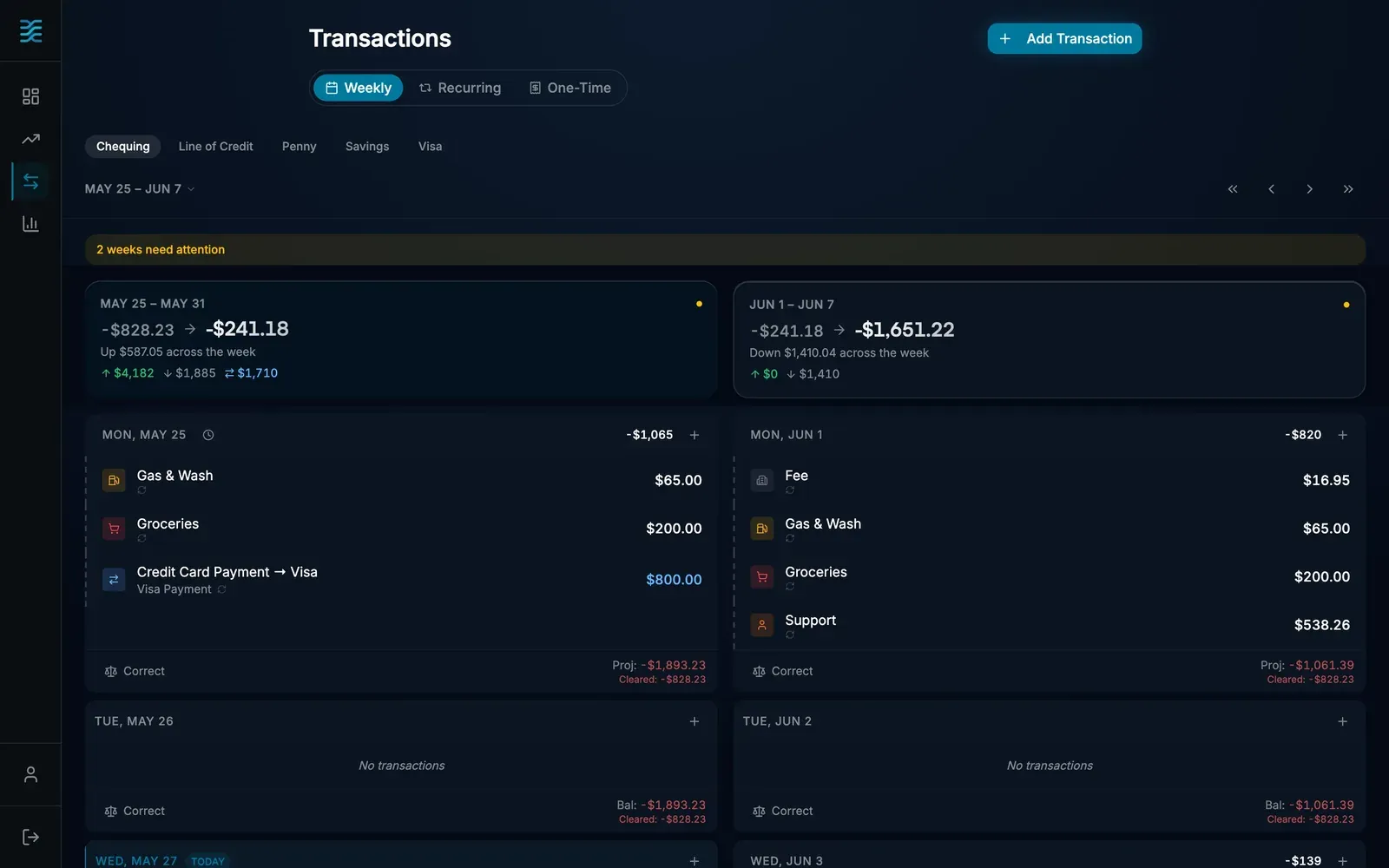Recurna Flow weekly view: two weeks side by side, each day's transactions grouped by category, with the projected ending balance for every week.